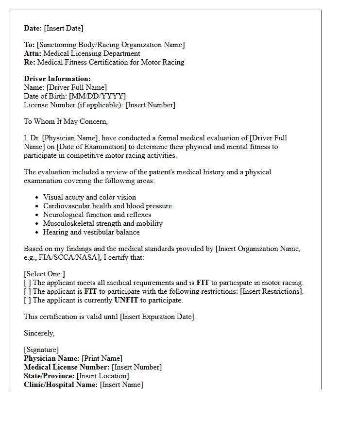 Motor Racing Medical Evaluation Letter