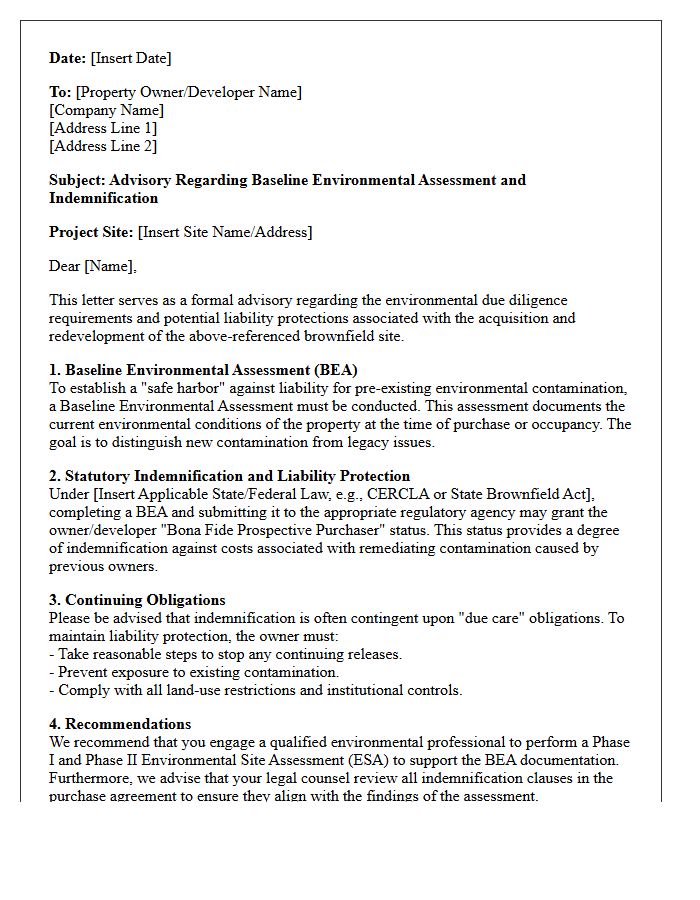 Baseline Assessment Brownfield Site Environmental Indemnification Advisory Letter