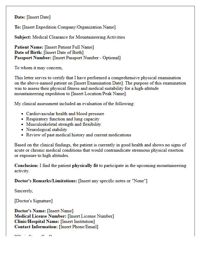 Mountaineering Physical Examination Letter