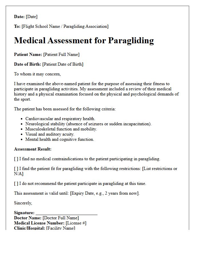 Paragliding Health Assessment Letter