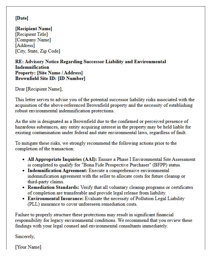 Successor Liability Brownfield Site Environmental Indemnification Advisory Letter