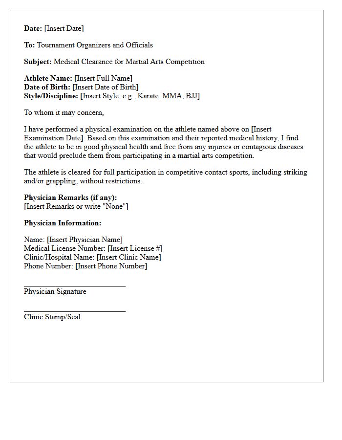 Standard Martial Arts Competition Medical Clearance Letter