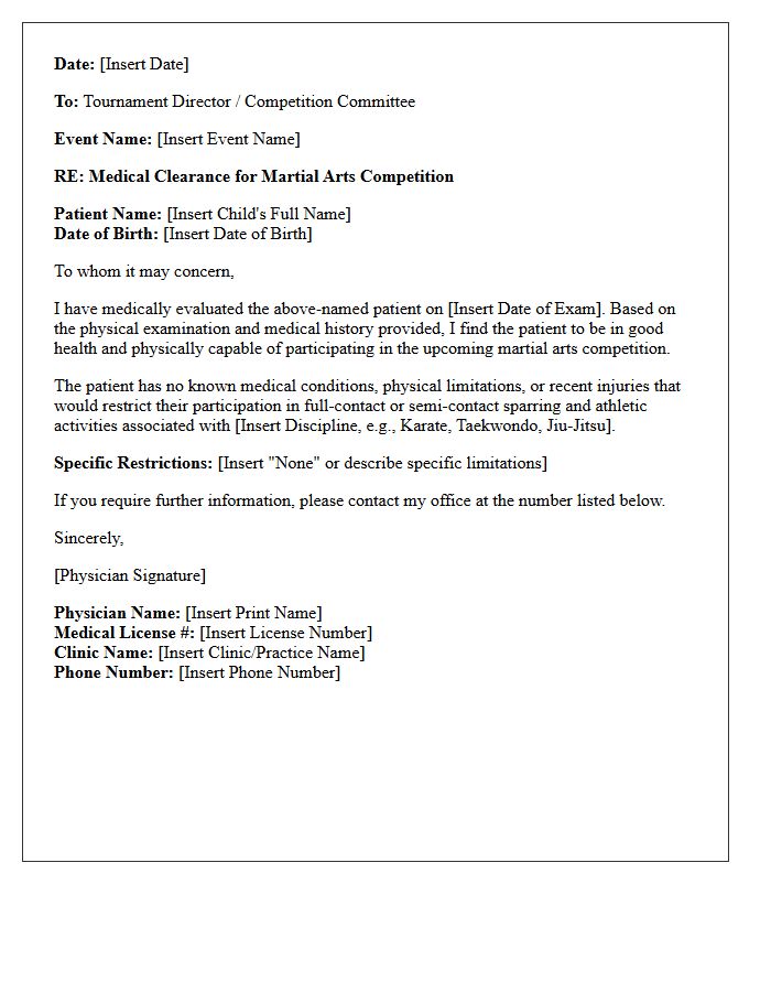 Pediatric Martial Arts Competition Health Clearance Letter