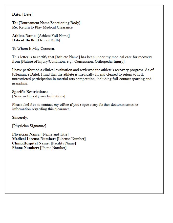 Return to Play Martial Arts Competition Clearance Letter
