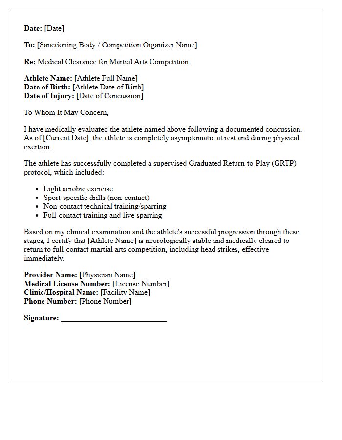 Post-Concussion Martial Arts Competition Clearance Letter