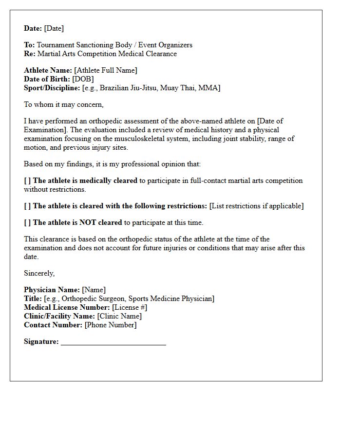 Orthopedic Assessment Martial Arts Competition Clearance Letter