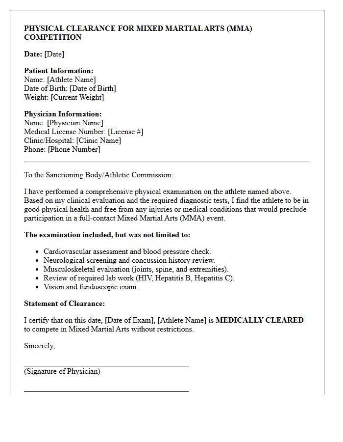 Mixed Martial Arts Competition Physical Clearance Letter