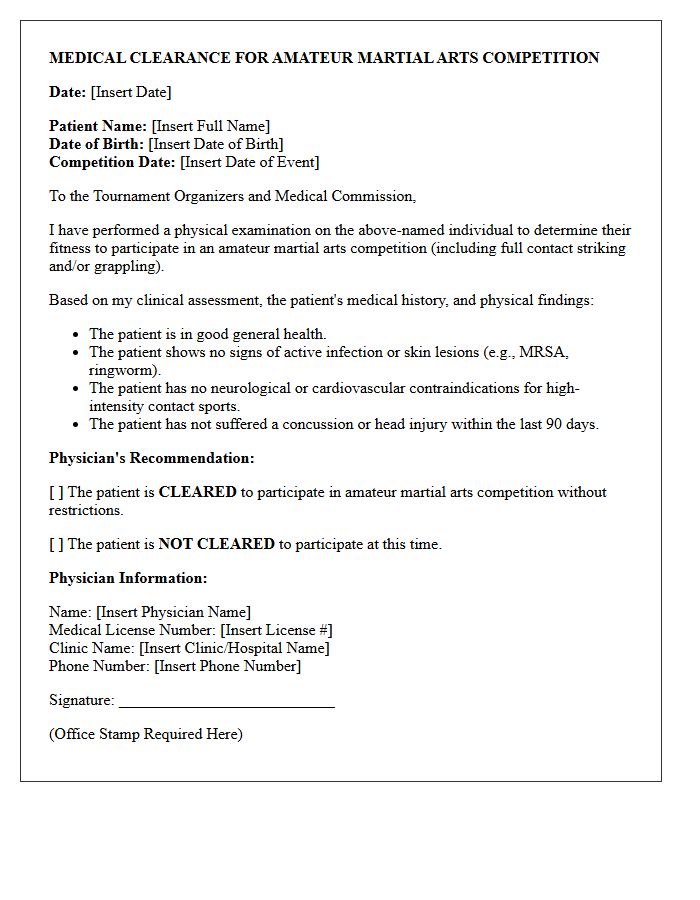 Amateur Martial Arts Competition Medical Clearance Letter