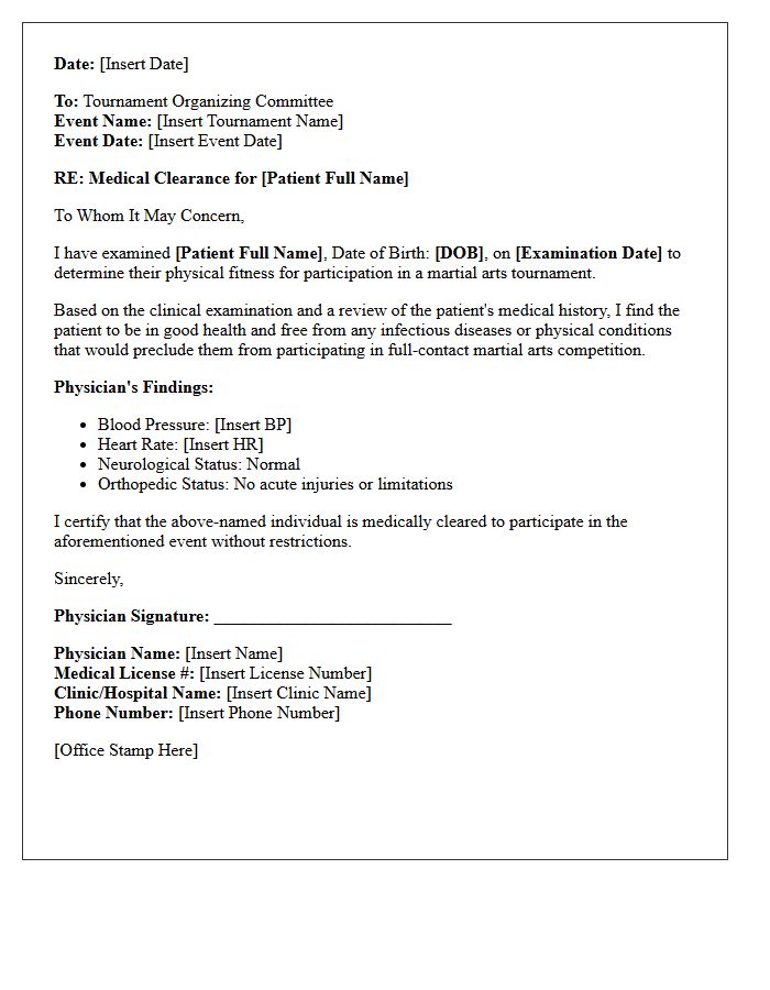 Adult Martial Arts Tournament Health Clearance Letter