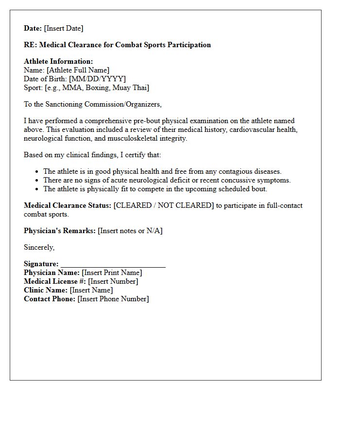 Pre-Bout Physical Examination Martial Arts Clearance Letter
