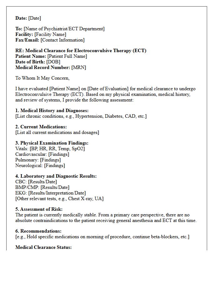 Primary Care Electroconvulsive Therapy Clearance Letter