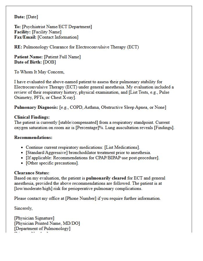Pulmonology Electroconvulsive Therapy Clearance Letter