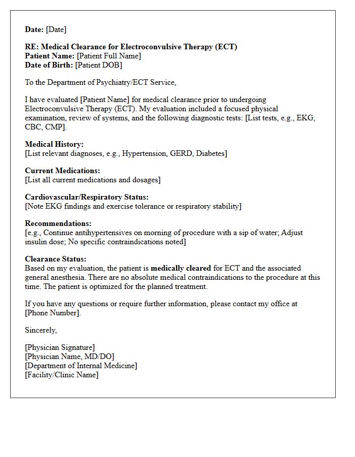 Internal Medicine Electroconvulsive Therapy Clearance Letter