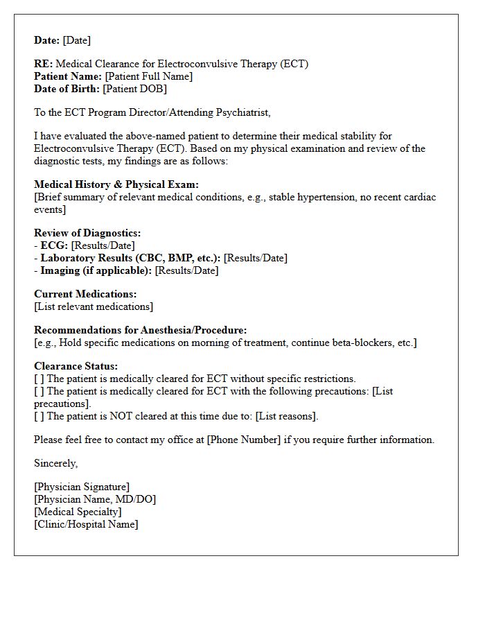 Psychiatric Electroconvulsive Therapy Clearance Letter
