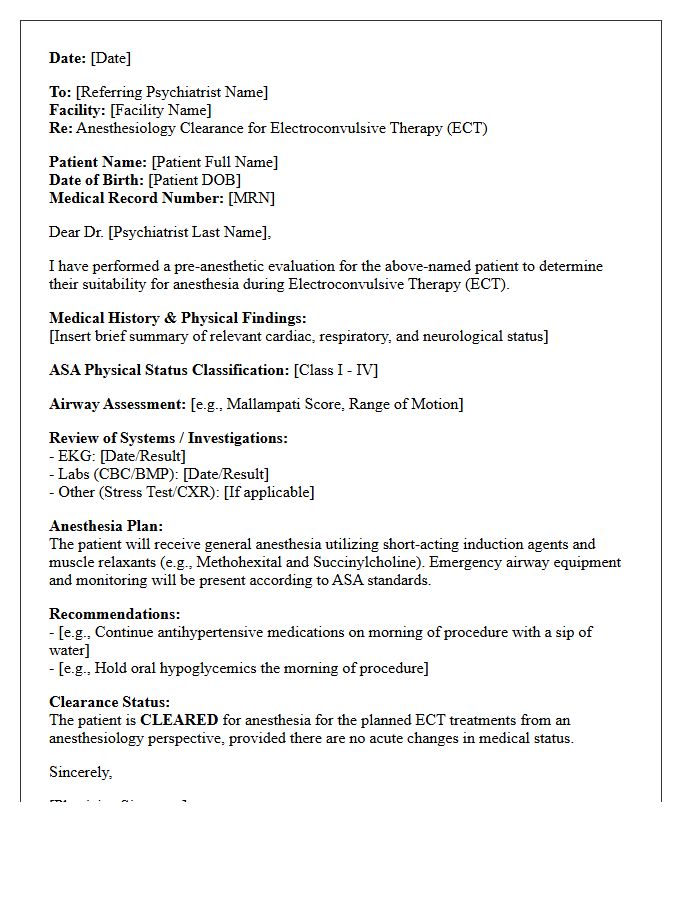 Anesthesiology Electroconvulsive Therapy Clearance Letter