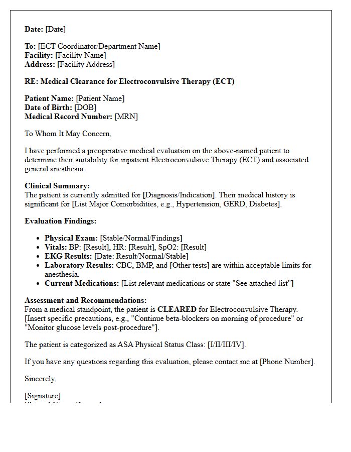 Inpatient Electroconvulsive Therapy Clearance Letter