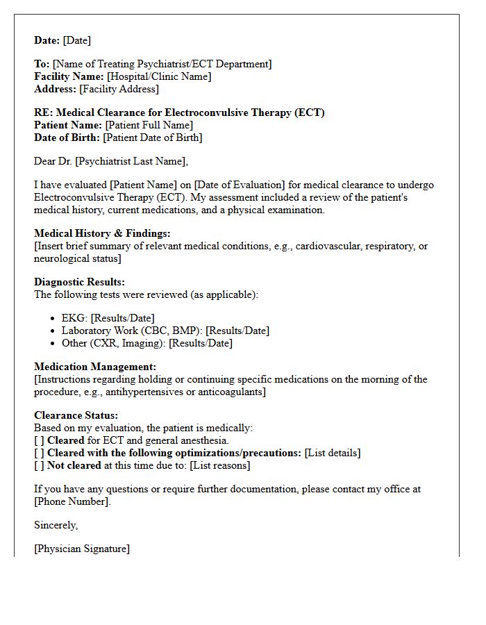Pre-Procedure Electroconvulsive Therapy Clearance Letter