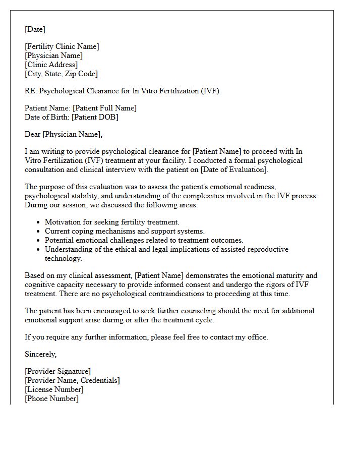Psychology In Vitro Fertilization Medical Clearance Letter