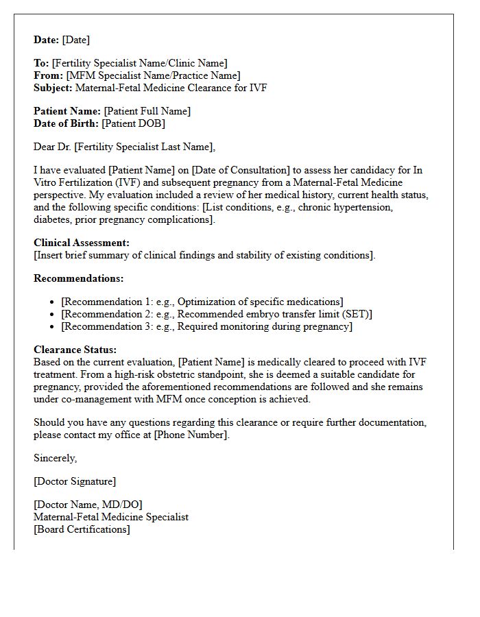 Maternal-Fetal Medicine In Vitro Fertilization Medical Clearance Letter