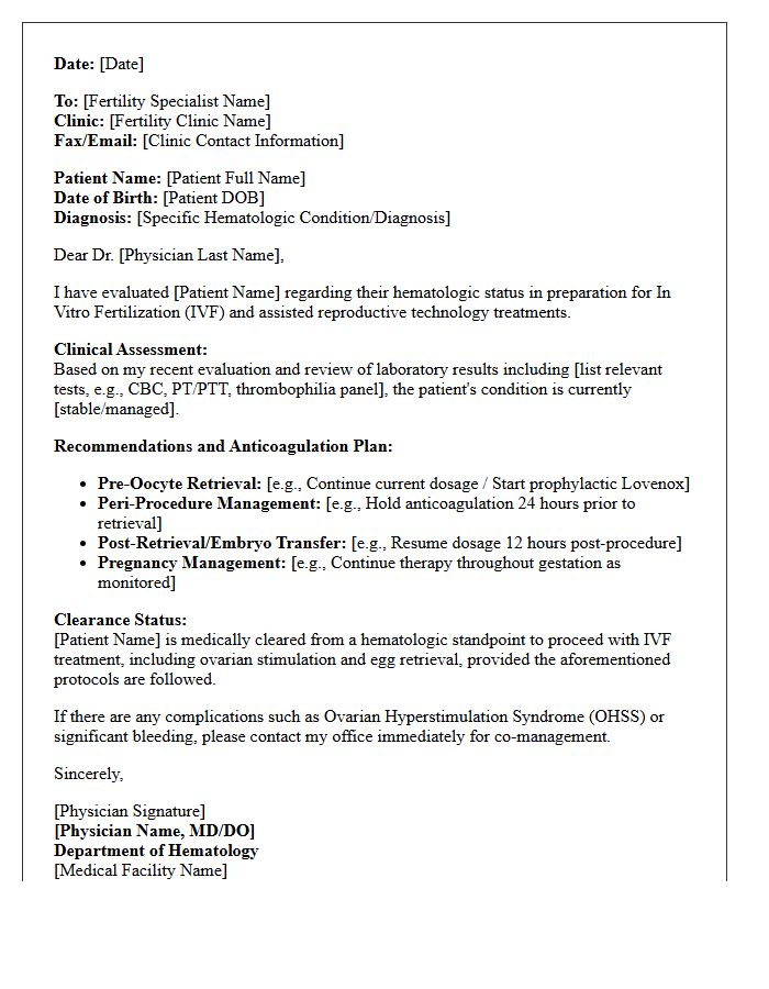 Hematology In Vitro Fertilization Medical Clearance Letter