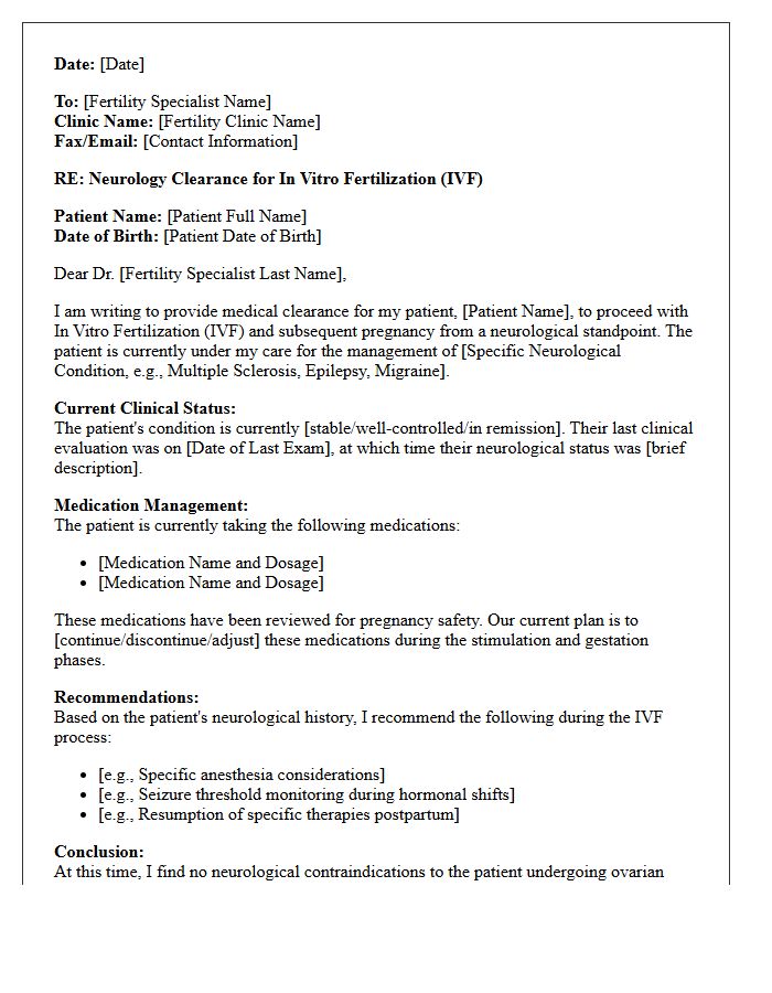 Neurology In Vitro Fertilization Medical Clearance Letter