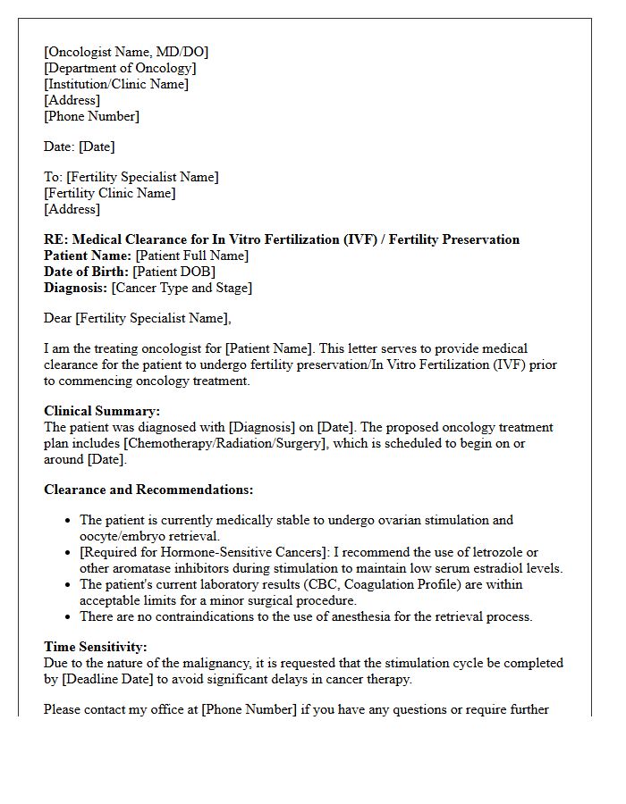 Oncology In Vitro Fertilization Medical Clearance Letter