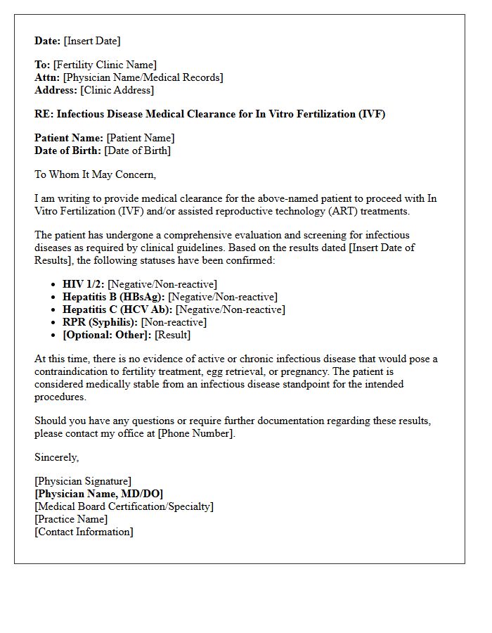 Infectious Disease In Vitro Fertilization Medical Clearance Letter
