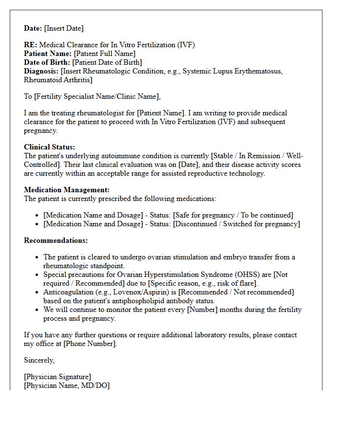 Rheumatology In Vitro Fertilization Medical Clearance Letter