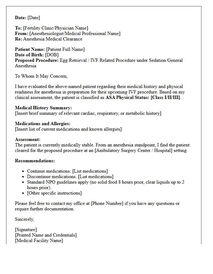 Anesthesiology In Vitro Fertilization Medical Clearance Letter