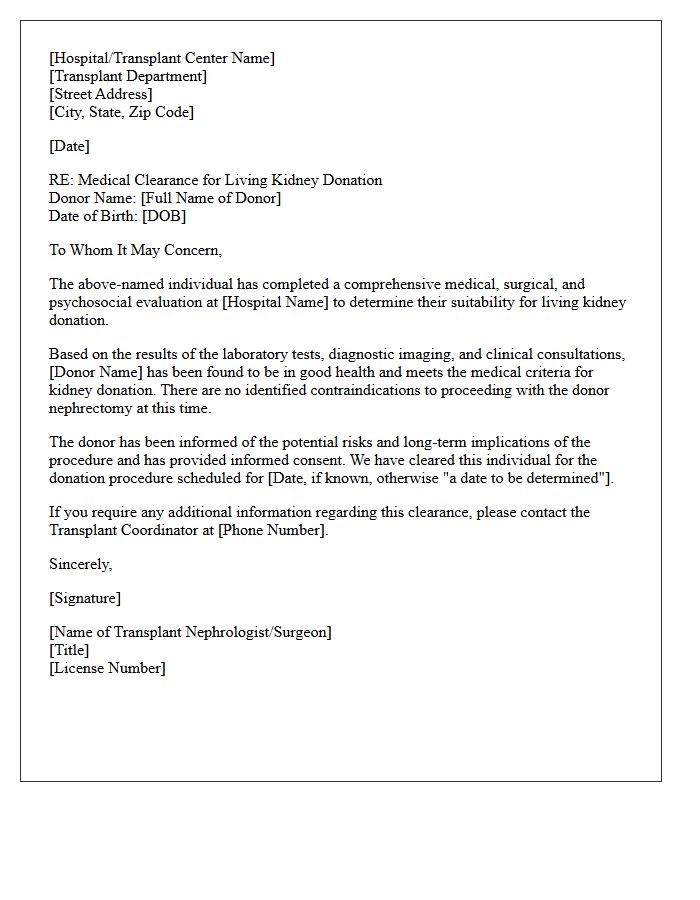 Living Kidney Donor Medical Clearance Letter