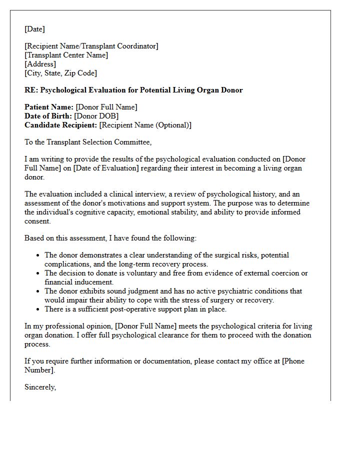 Psychological Evaluation Organ Donation Clearance Letter