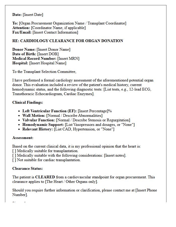 Cardiology Assessment Organ Donation Clearance Letter