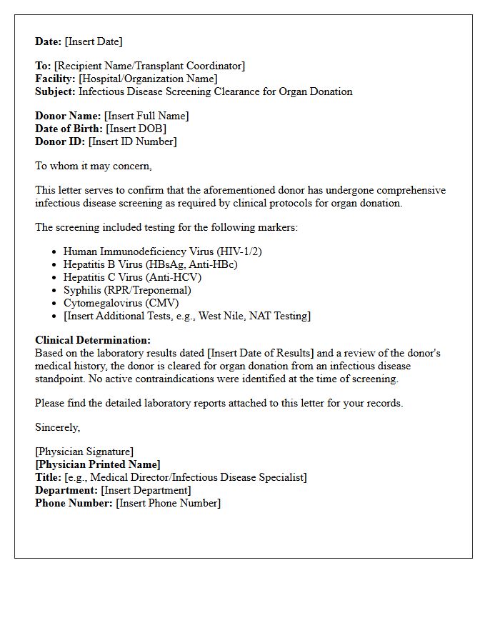Infectious Disease Screening Organ Donation Clearance Letter