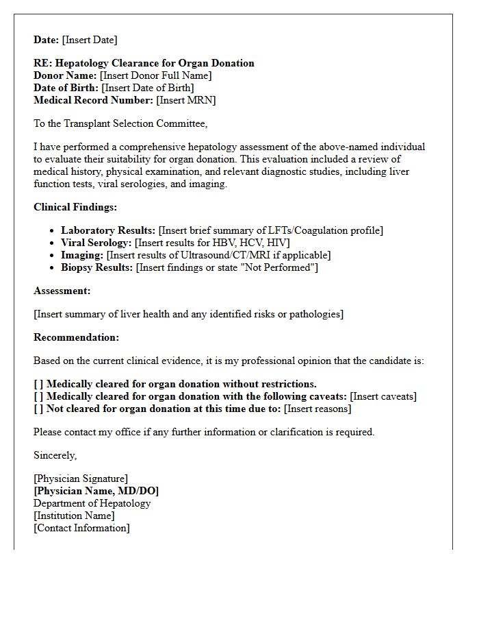 Hepatology Assessment Organ Donation Clearance Letter