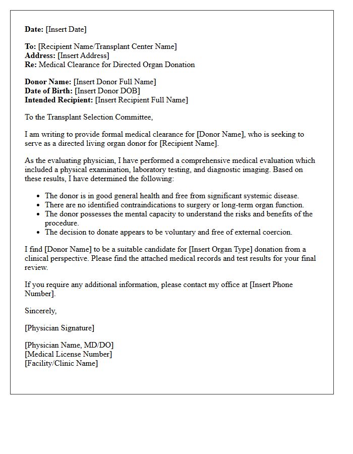 Directed Organ Donation Medical Clearance Letter