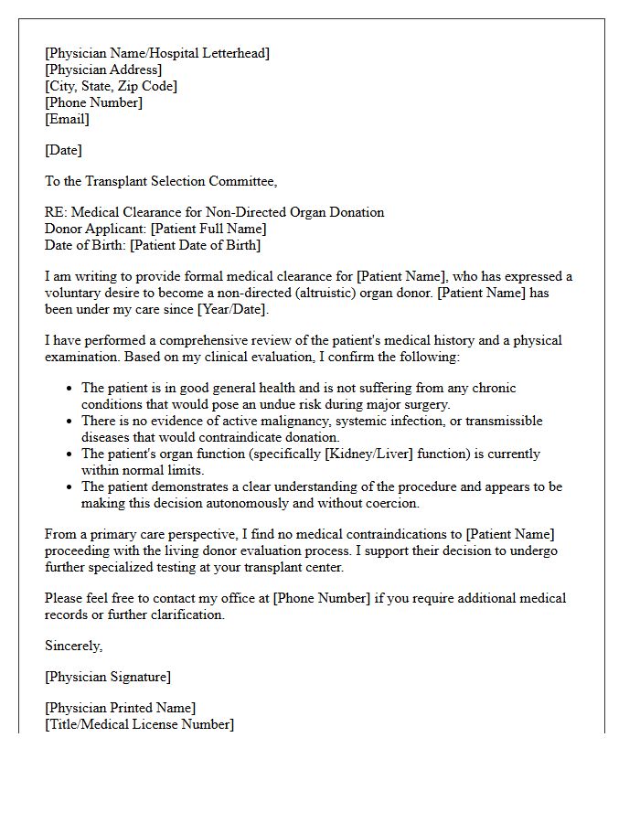 Non-Directed Organ Donation Medical Clearance Letter