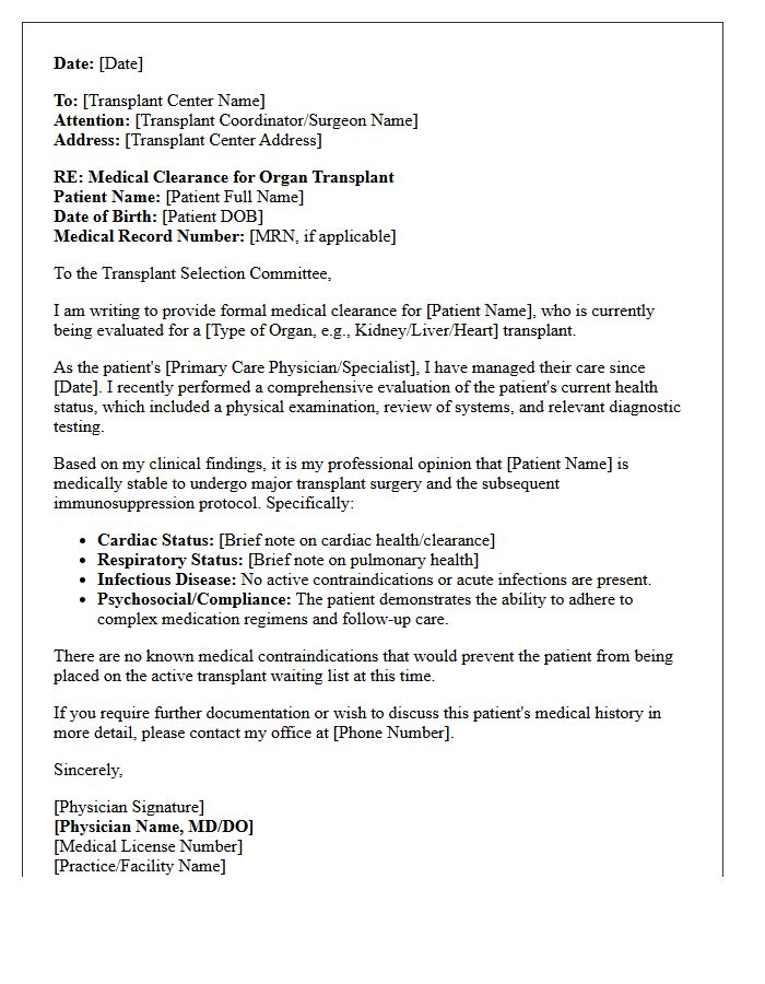 Organ Donation Recipient Medical Clearance Letter