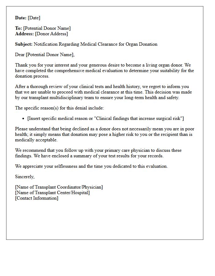 Organ Donation Medical Clearance Denial Letter