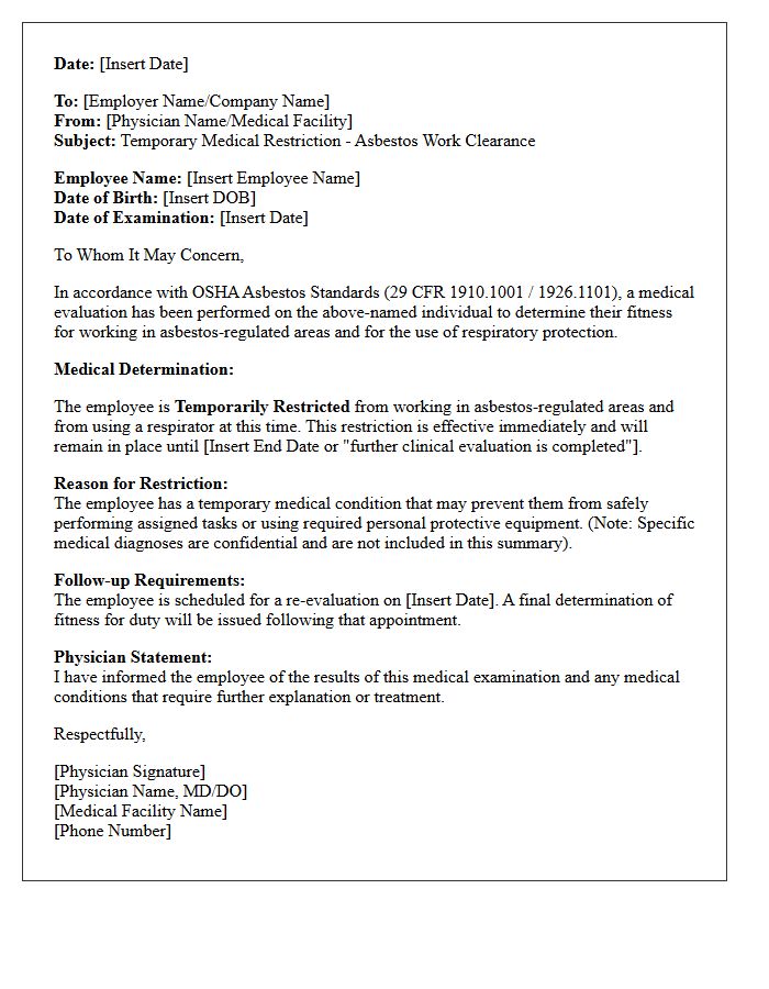 Temporary Restriction Asbestos Medical Clearance Letter