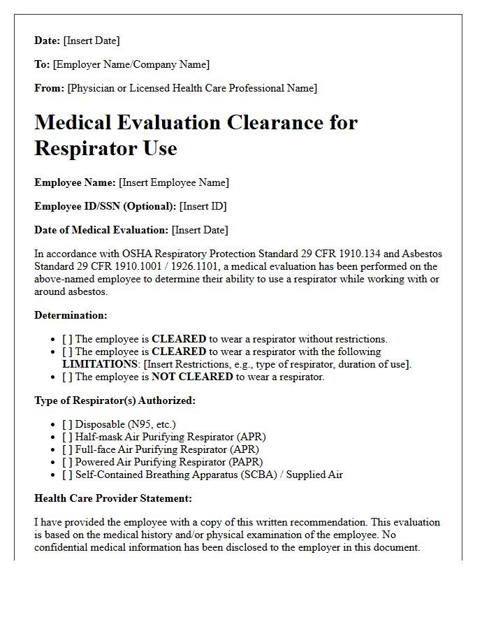 Respirator Fit Testing Asbestos Medical Clearance Letter