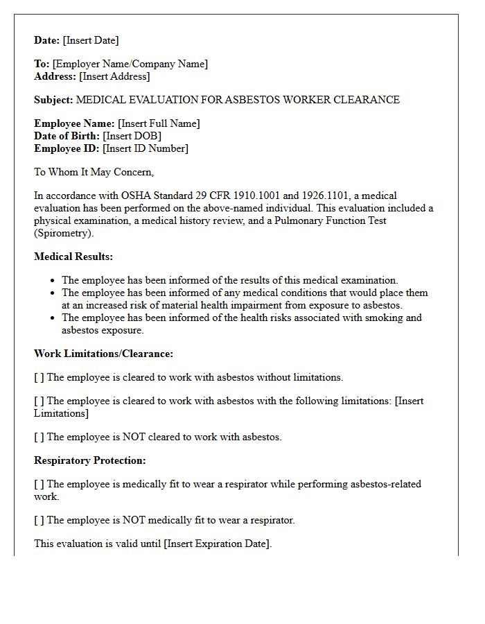 Pulmonary Function Evaluation Asbestos Clearance Letter