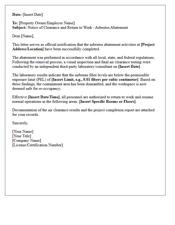 Return To Work Asbestos Abatement Clearance Letter