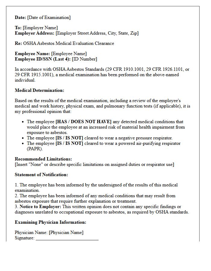 OSHA Compliant Asbestos Medical Clearance Letter