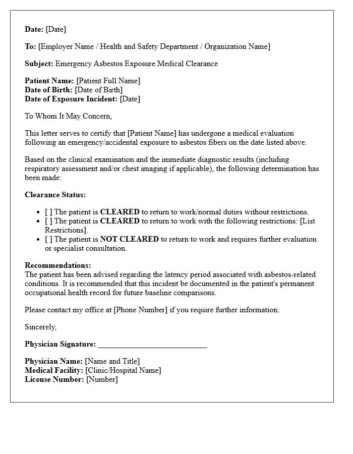 Emergency Asbestos Exposure Medical Clearance Letter