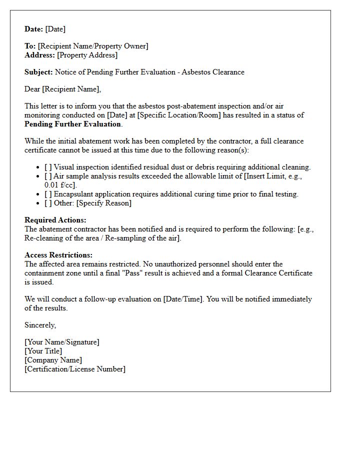 Pending Further Evaluation Asbestos Clearance Letter