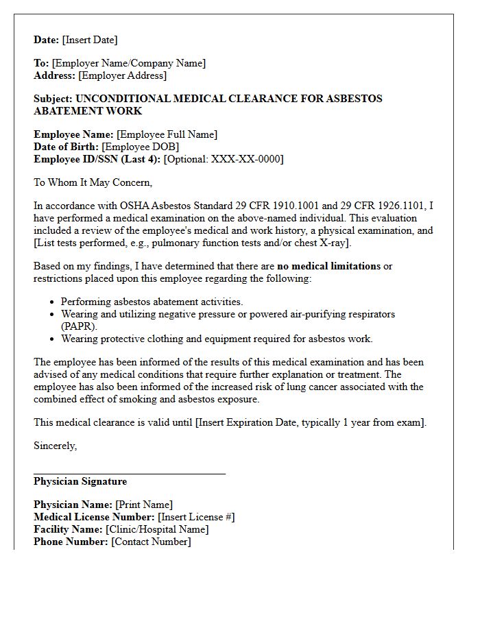 Unconditional Asbestos Abatement Medical Clearance Letter