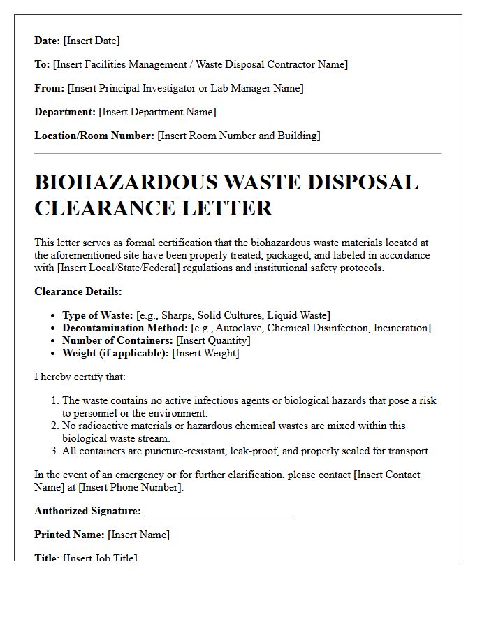 Biohazardous Waste Disposal Clearance Letter
