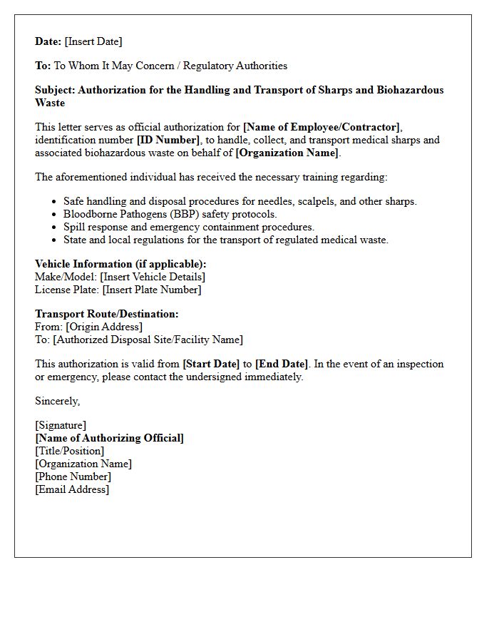 Sharps Handling and Transport Authorization Letter