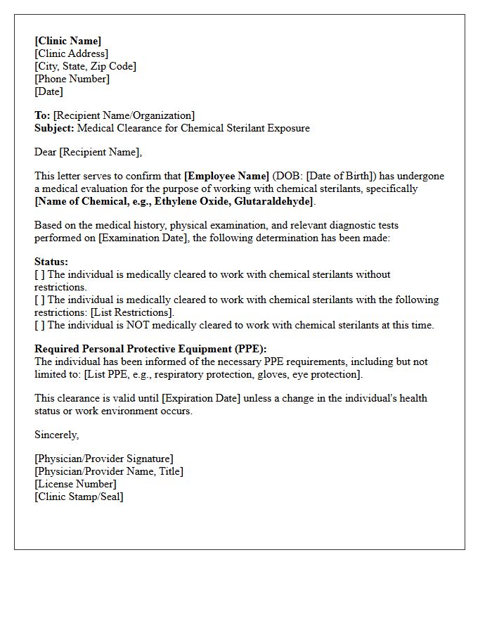 Medical Clinic Chemical Sterilant Clearance Letter
