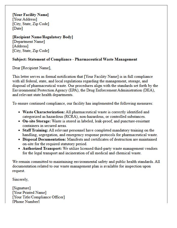 Pharmaceutical Waste Management Compliance Letter